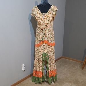 Floral Ruffle Maxi Dress - Green and Orange